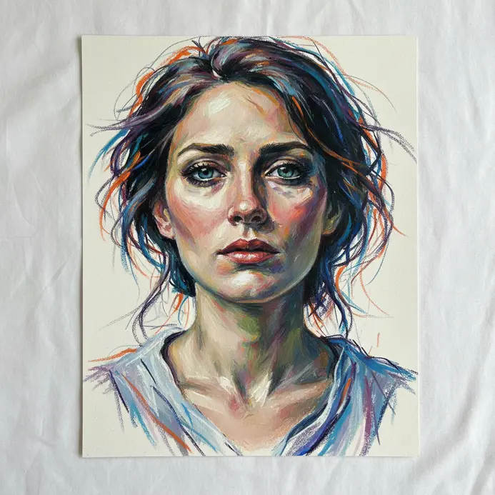 Expressive portrait focusing on eyes and mood done in oil pastel