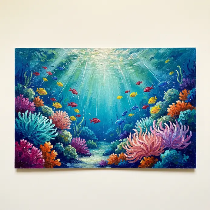 Vibrant coral reef scene with colorful fish created using oil pastels