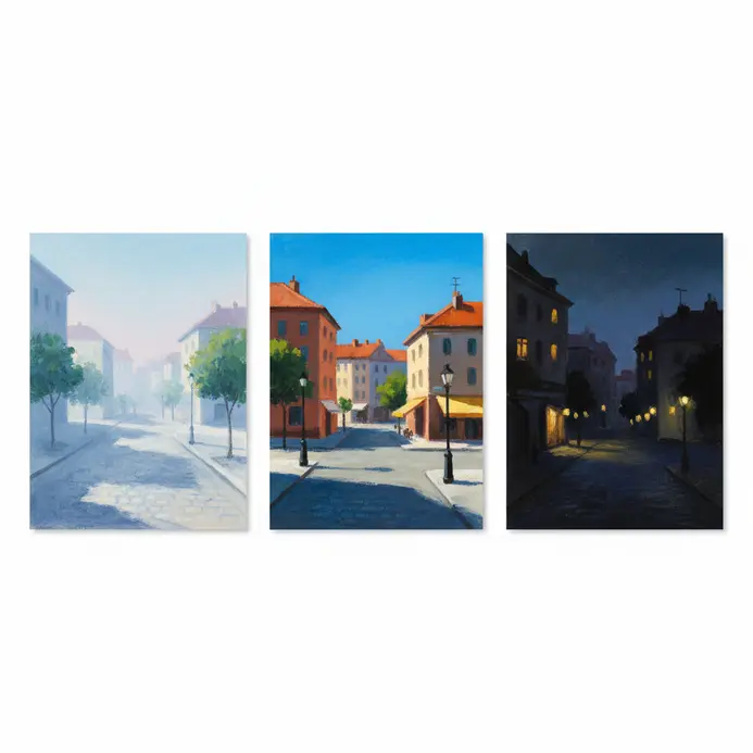 Three urban landscape studies showing changing light in oil pastel