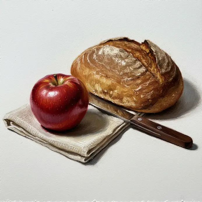 Still life of a shiny apple and crusty loaf of bread in oil pastel