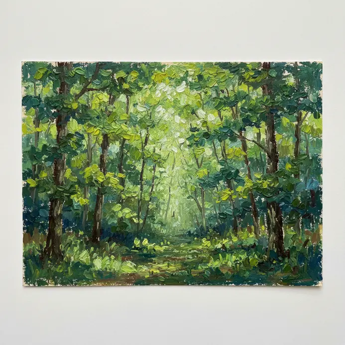 Lush layered forest painting with detailed foliage in oil pastel