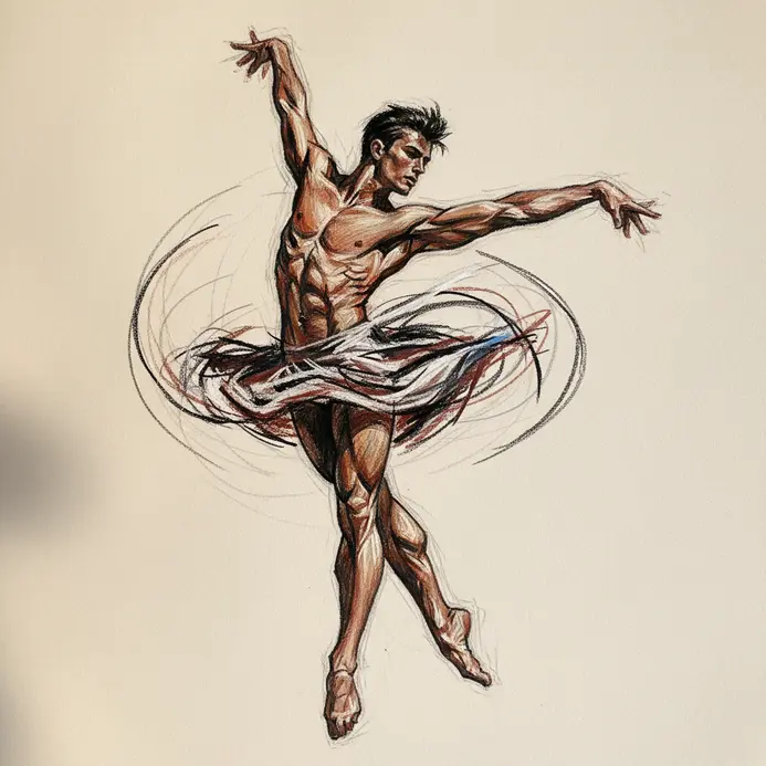 Drawing of a dancer in motion with swift expressive oil pastel strokes