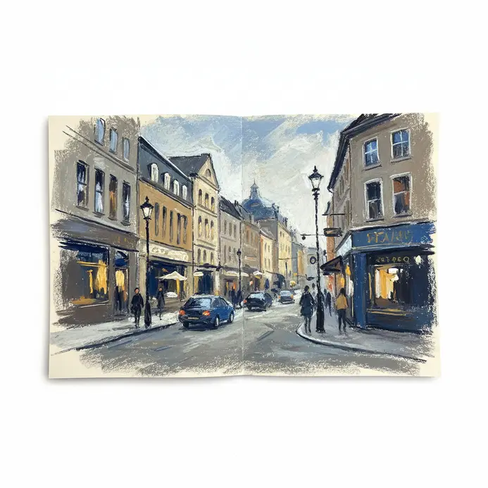 Simple cityscape sketch in a sketchbook made with oil pastels
