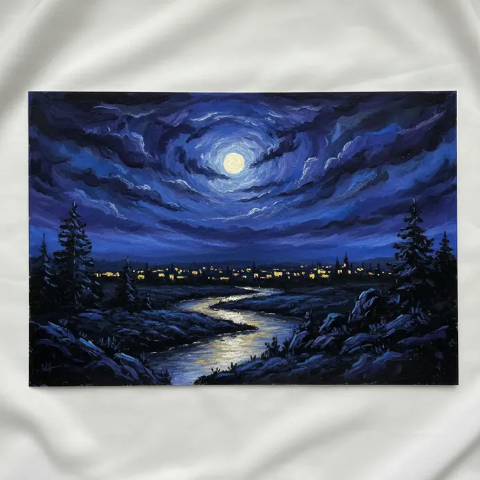 Dark nocturnal landscape painted with blue and purple oil pastels