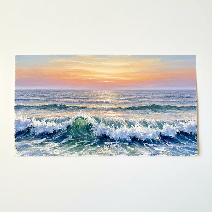 Wide ocean view in oil pastel showing hazy atmospheric perspective