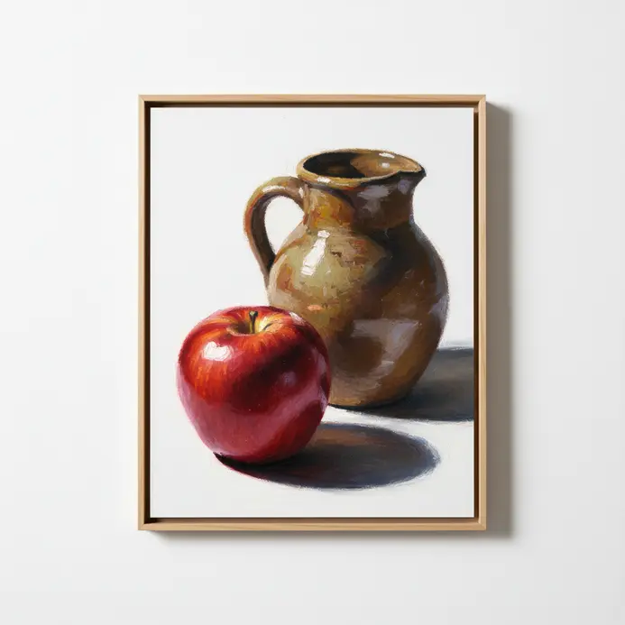 Still life arrangement of fruit under dramatic lighting in oil pastel