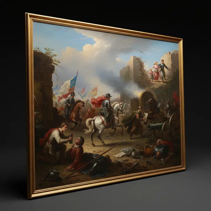 Large history painting with background scenes revealing a secondary narrative