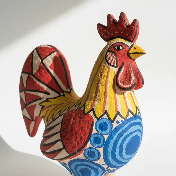 Brightly painted folk art paper mache rooster with geometric designs