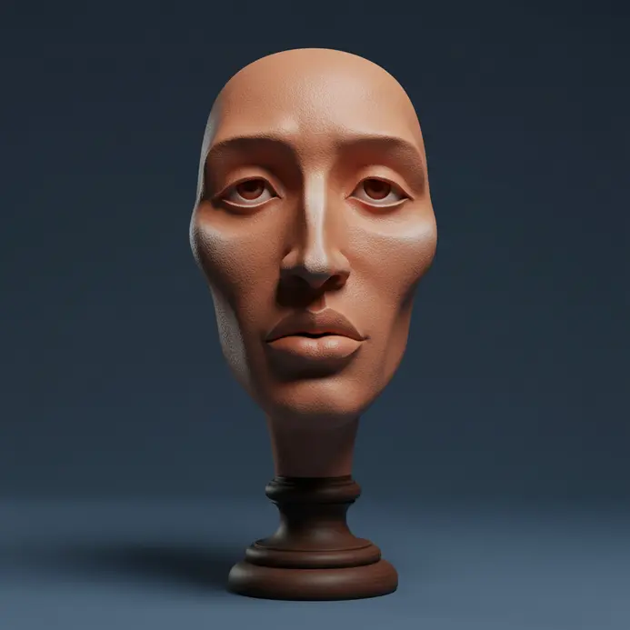 Painted paper mache bust sculpture on a simple wooden base