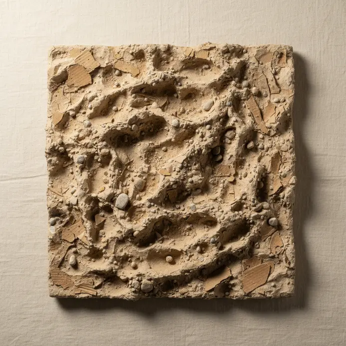 Paper mache wall sculpture with a deeply textured rough surface
