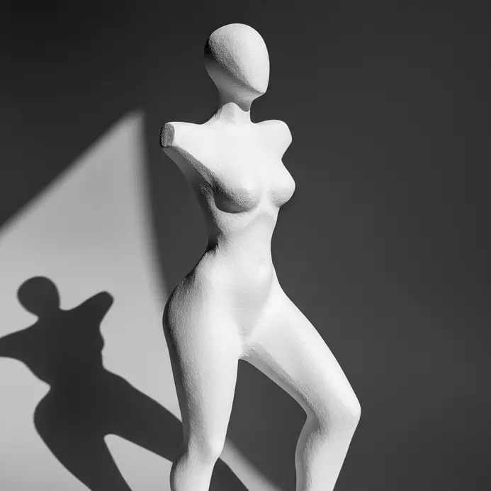 Monochromatic white paper mache sculpture of an abstract human figure