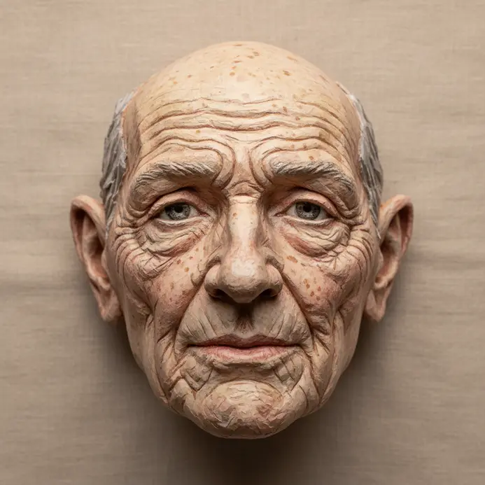 Advanced hyperrealistic paper mache portrait sculpture of an elderly face