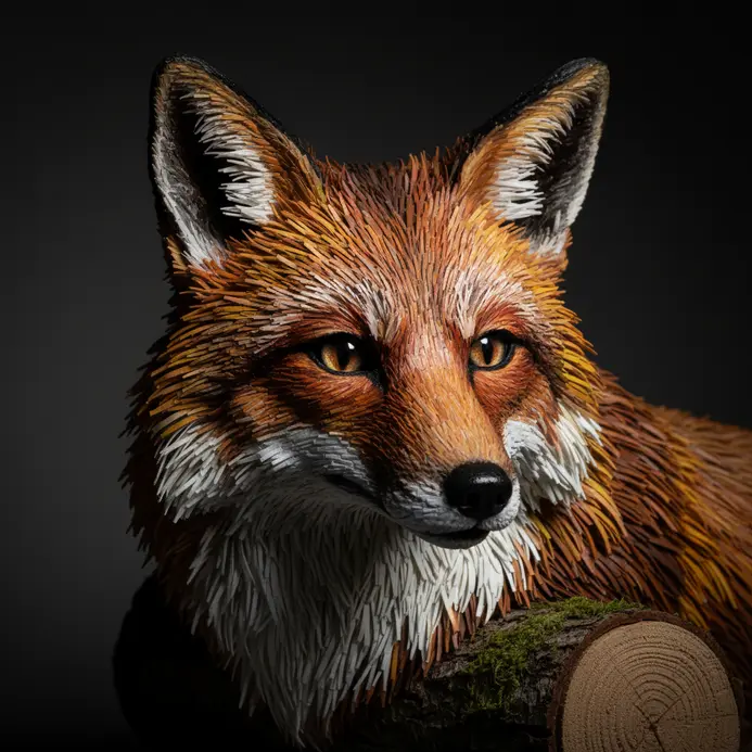 Hyperrealistic paper mache fox sculpture resting on a log