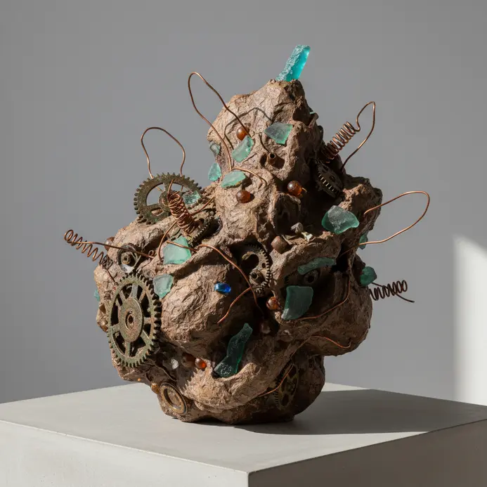 Abstract mixed media paper mache assemblage with beads and metal pieces