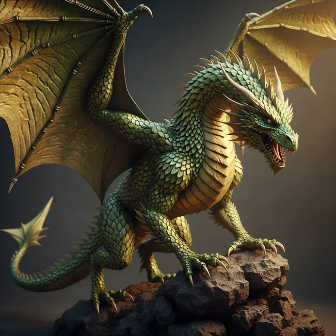 Detailed paper mache dragon sculpture with wings spread wide