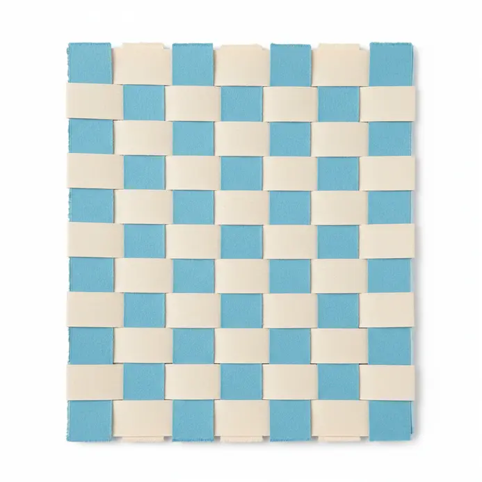 Woven paper wall hanging with alternating blue and cream strips
