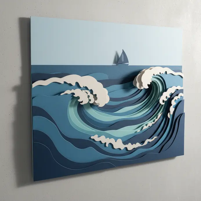 Coastal scene of ocean waves made from layered shades of blue paper