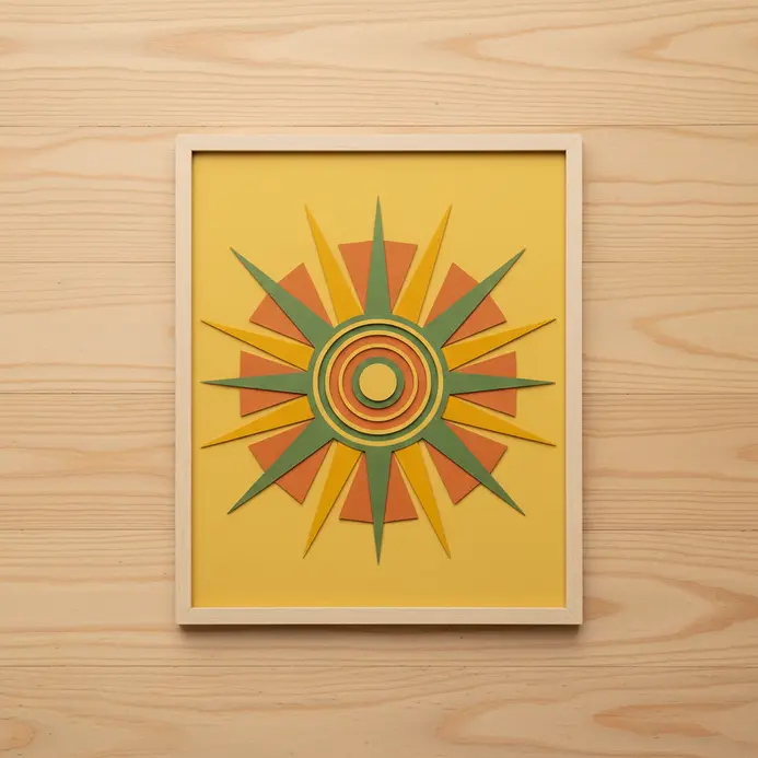Mid century modern starburst design in orange and yellow cut paper