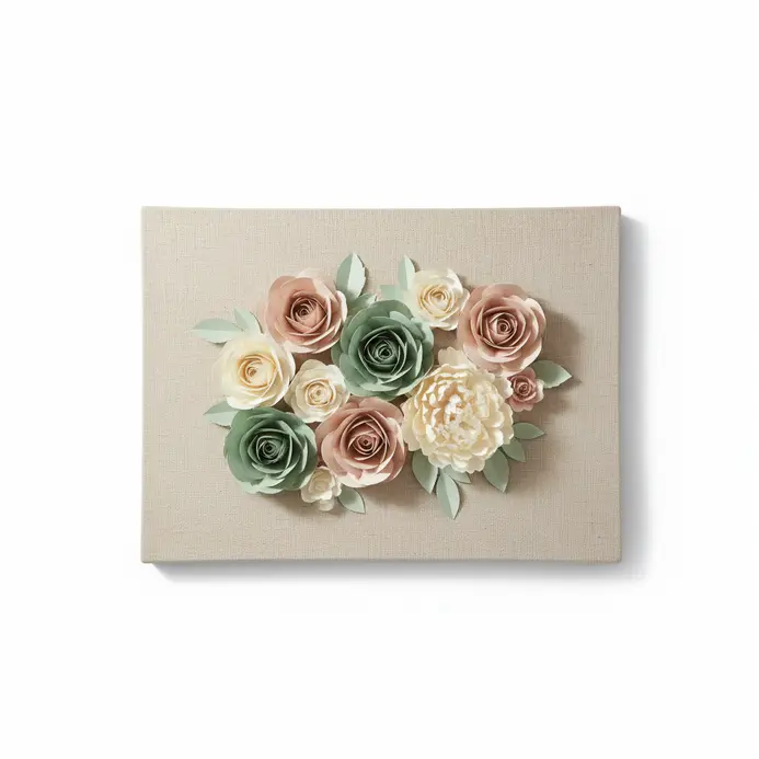 Mixed media piece with paper flowers attached to a neutral fabric background