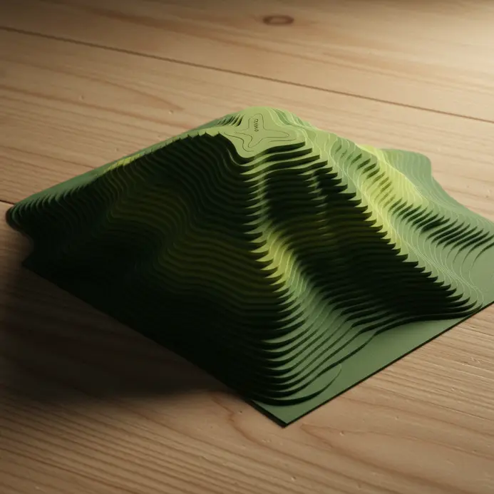 Topographic map artwork built from stacked layers of green paper