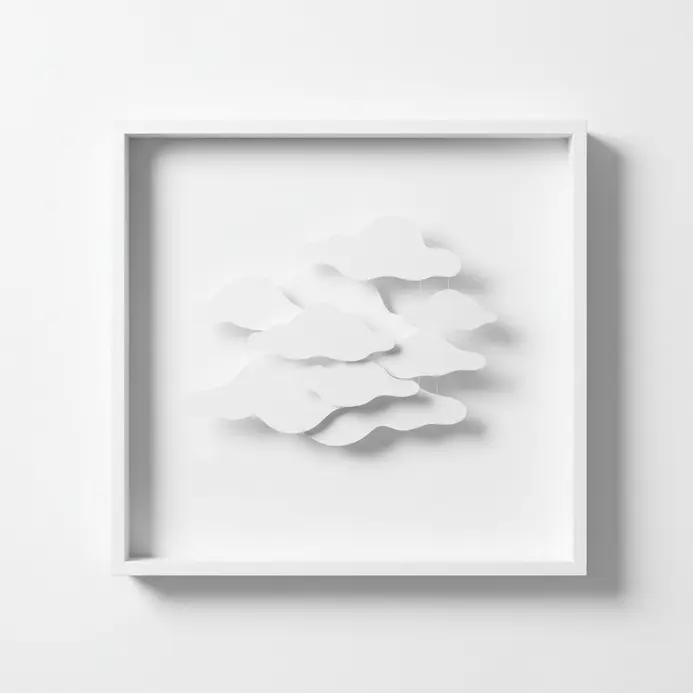 Organic freeform paper shapes suspended in a deep shadow box frame