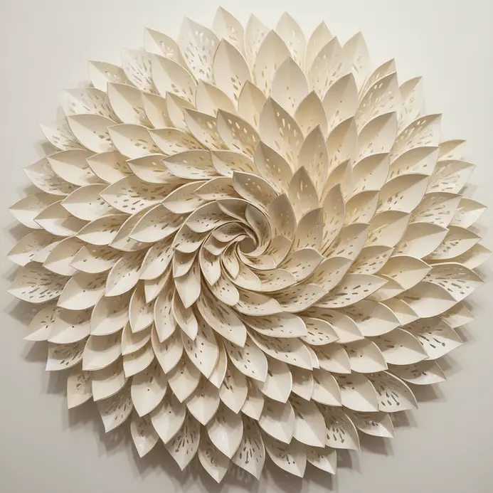 Abstract geometric sculpture made from folded white paper on a gray wall