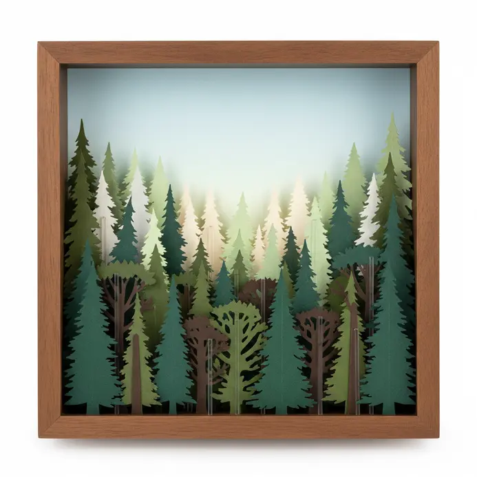 Deep shadow box containing layered paper trees creating perspective