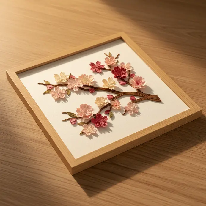 Four small framed paper artworks depicting spring summer fall and winter