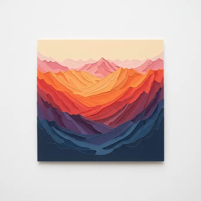 Textured landscape artwork created from layered colored paper in sunset tones