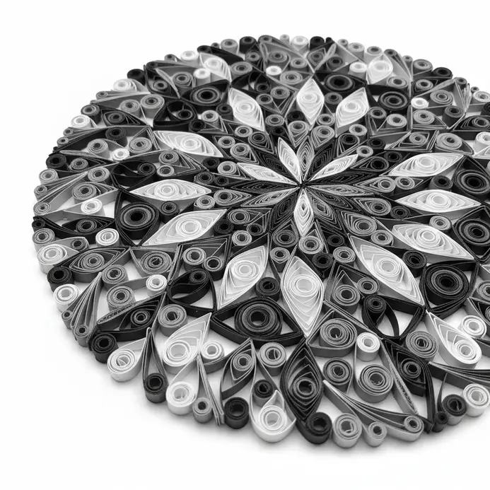 Abstract circular composition of coiled and shaped paper quills in monochrome