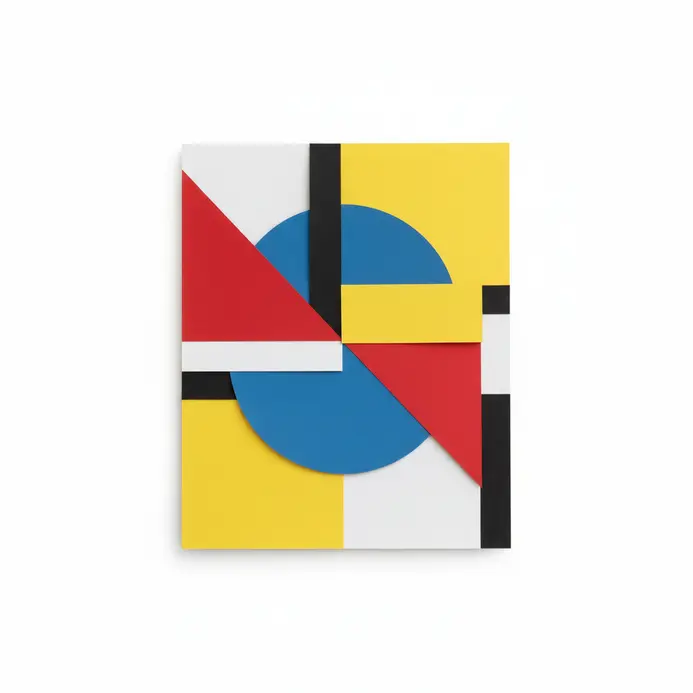 Modern collage of overlapping geometric paper shapes in primary colors