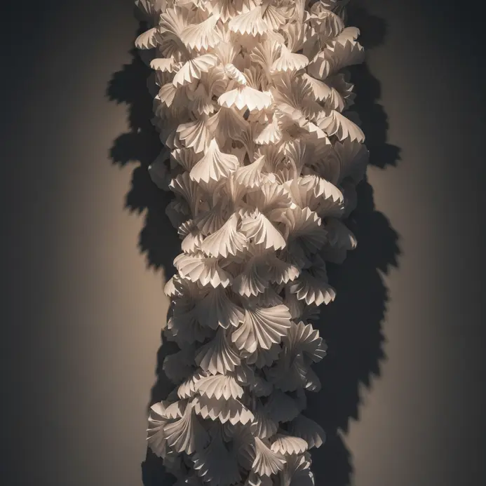 Large organic paper sculpture flowing from ceiling onto wall