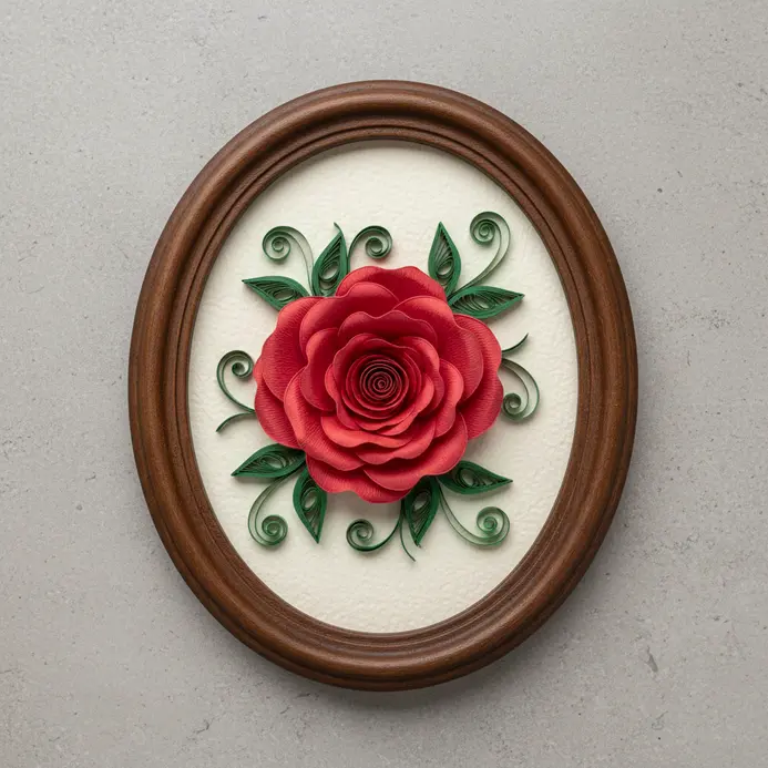 Vintage style framed artwork of a red rose made from coiled paper strips