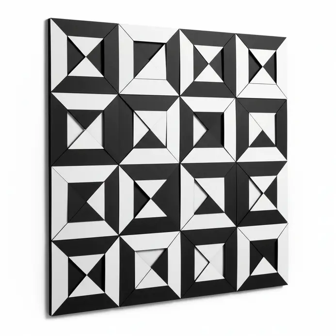 Monochrome paper artwork featuring a tessellated black and white pattern