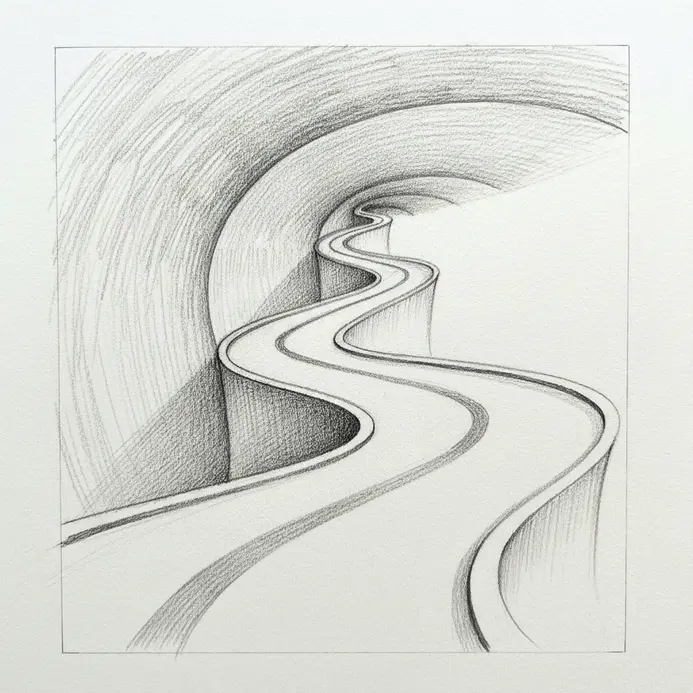 A 3D pencil sketch of a winding road using curved perspective lines for extreme depth