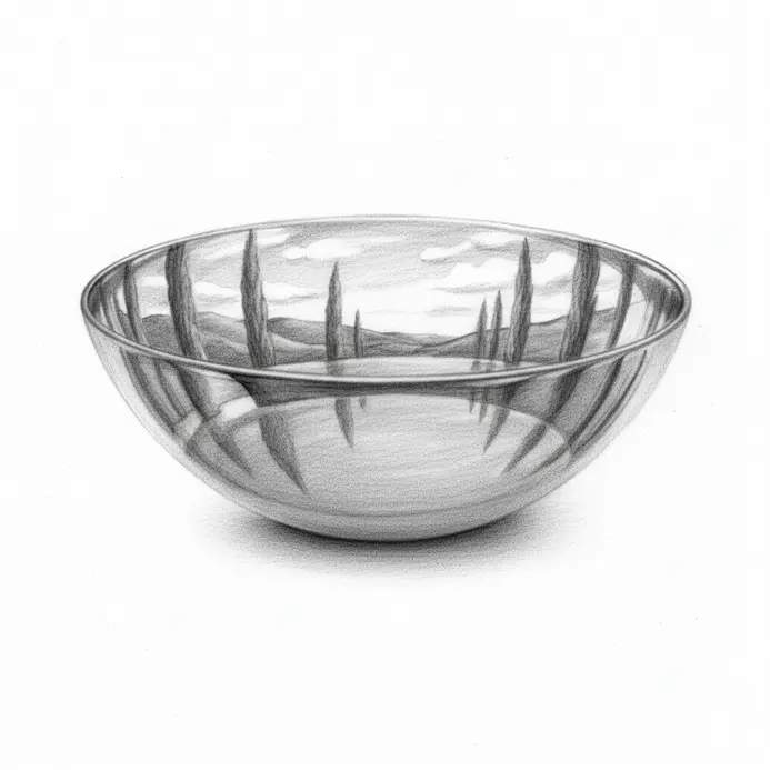 A 3D pencil drawing of a distorted reflection in a curved mirrored surface