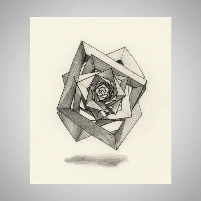 A pencil drawing of interlocking cubes and pyramids with sharp defined edges