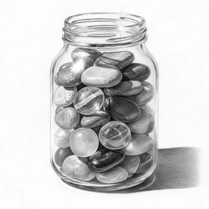 A 3D pencil drawing of a glass jar with layered objects visible inside