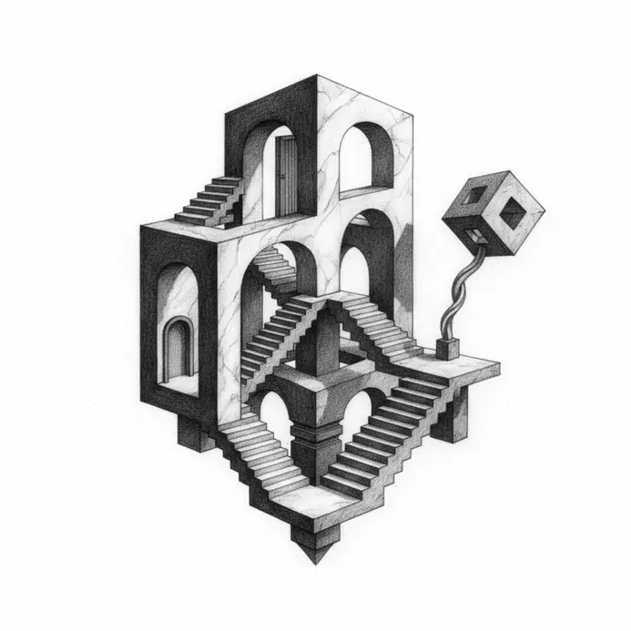 A surreal 3D pencil sketch where perspective lines intentionally do not converge