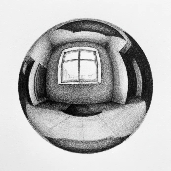 A 3D pencil drawing of a chrome ball with crisp environmental reflections