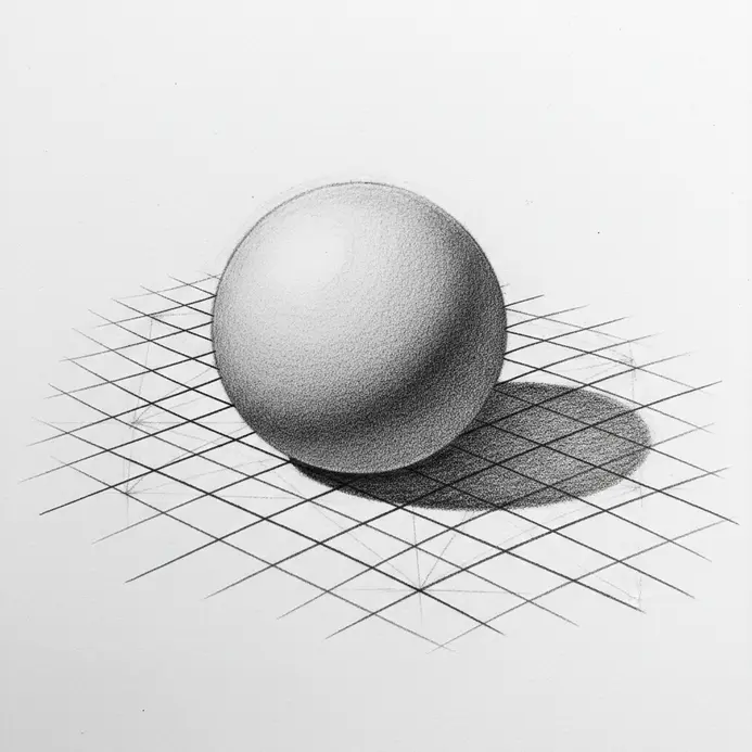 A 3D pencil sketch of a ball using a five-point perspective grid on a surface