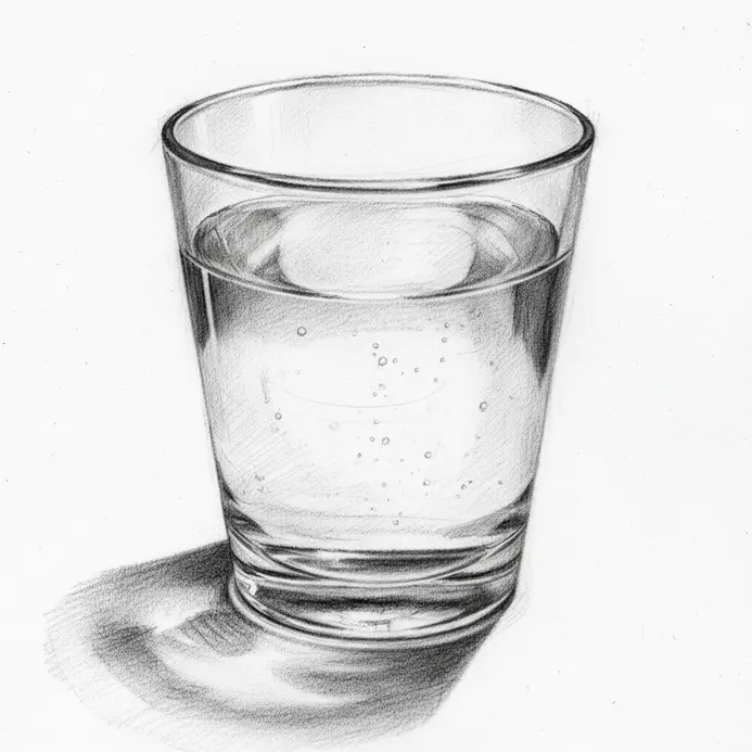 A pencil drawing of a glass of water with realistic light refraction and bubbles