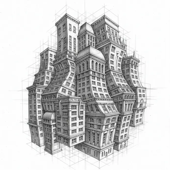 An anamorphic pencil drawing of a building complex with multiple perspective lines