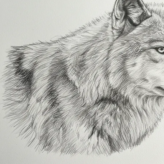 Wolf pencil drawing with cross-hatched fur texture and layered graphite shading