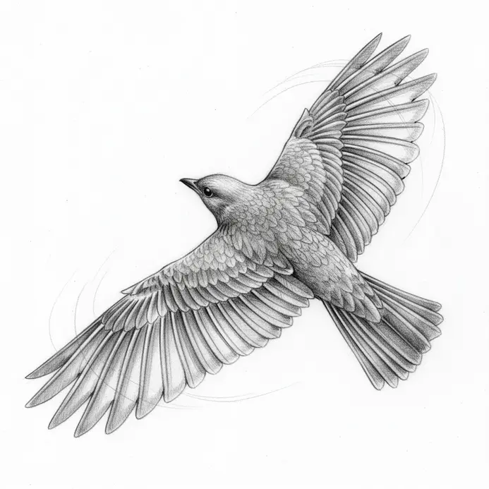 Flying bird pencil drawing using aerial perspective on feather detail