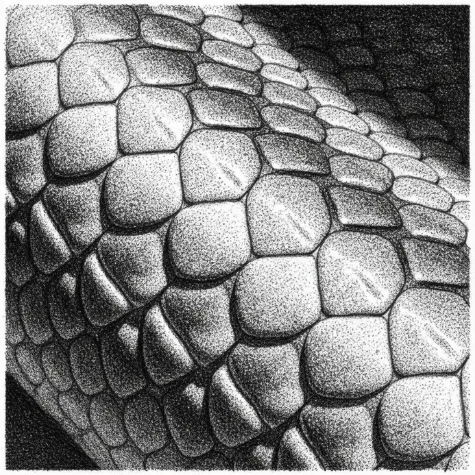 Snake pencil drawing showing stippled scale textures and tonal detail