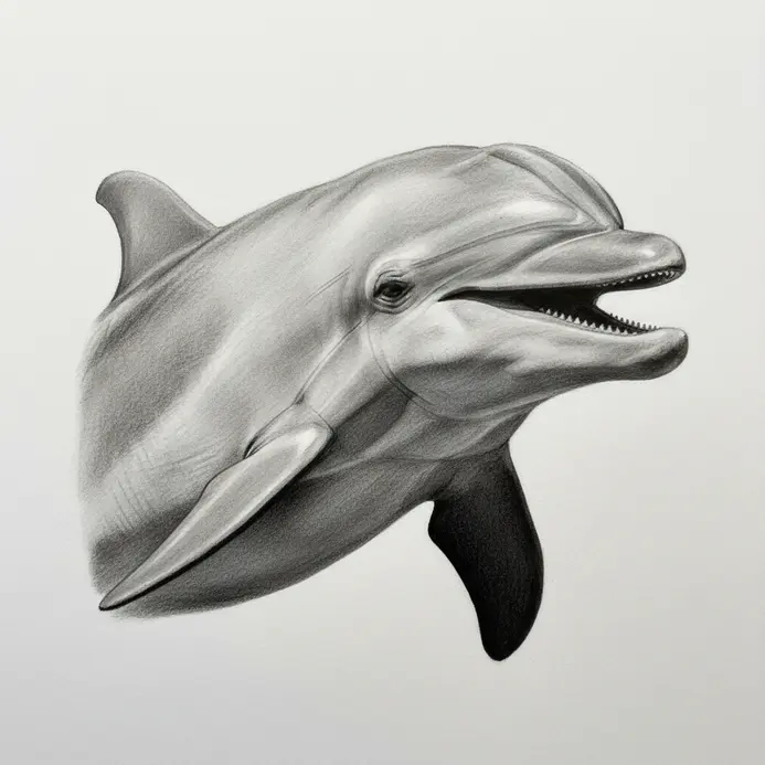 Dolphin pencil drawing with blended skin gradients and smooth graphite transitions