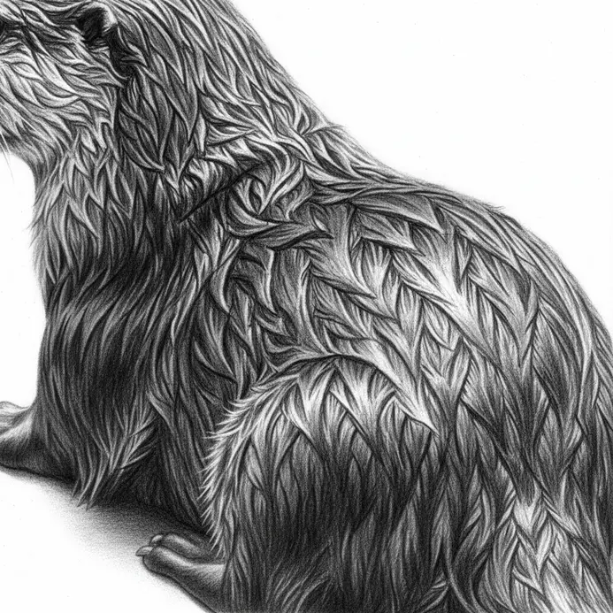 Otter pencil drawing with wet clumped fur texture and dark channels of shading