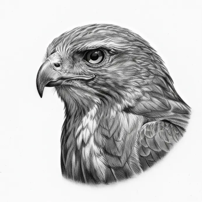 Predatory bird pencil drawing featuring rim light edge definition on feathers