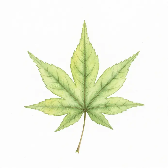 Close-up watercolor painting of a green leaf with delicate vein detail and light passing through the surface